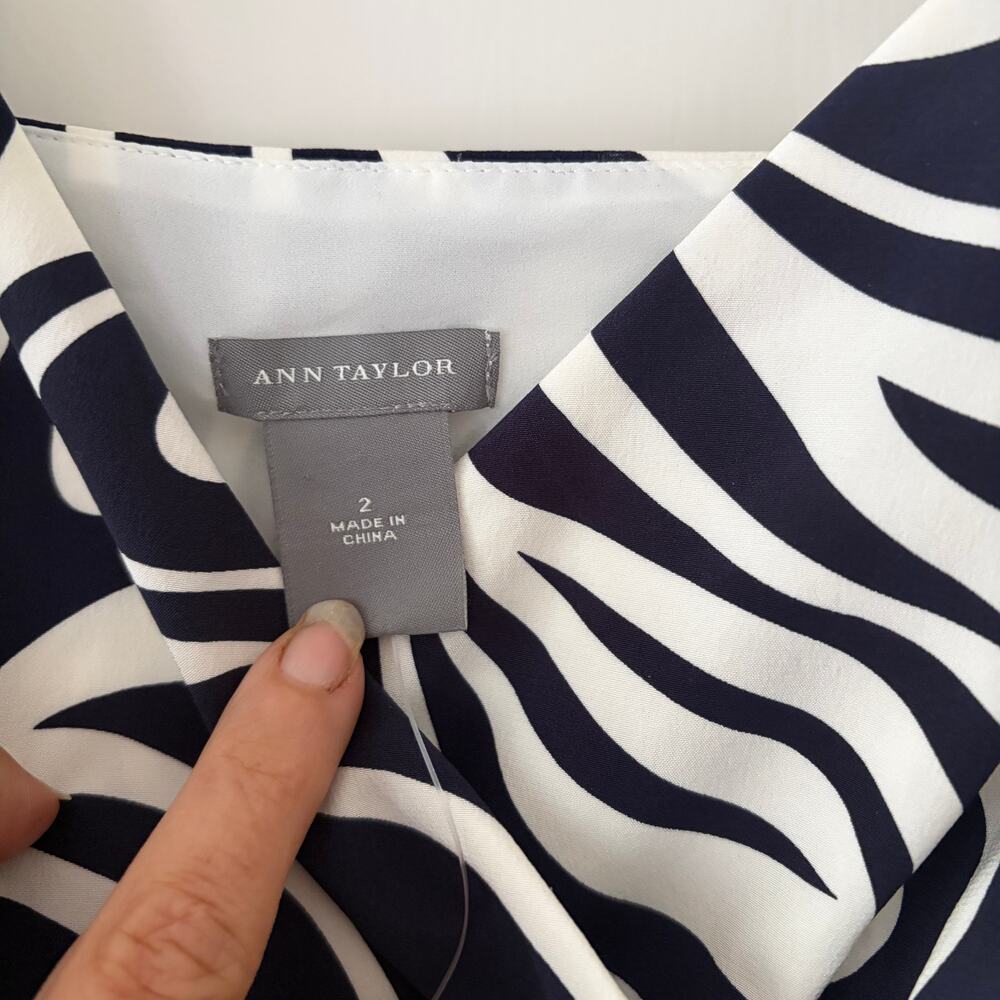 Ann Taylor Swirl Pattern Silk Dress Size 2 NWT Navy and Cream - Picture 3 of 11